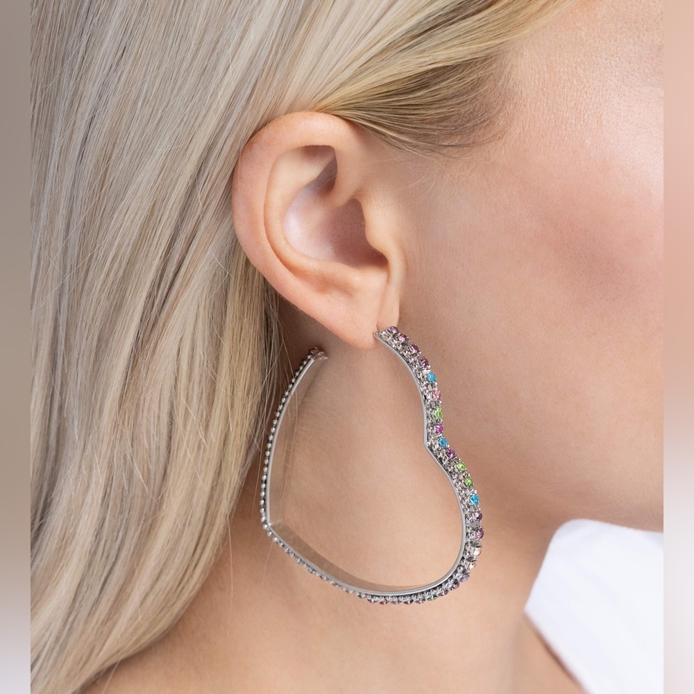 Multicolored Rhinestone Heart Hoops - Picture 2 of 2